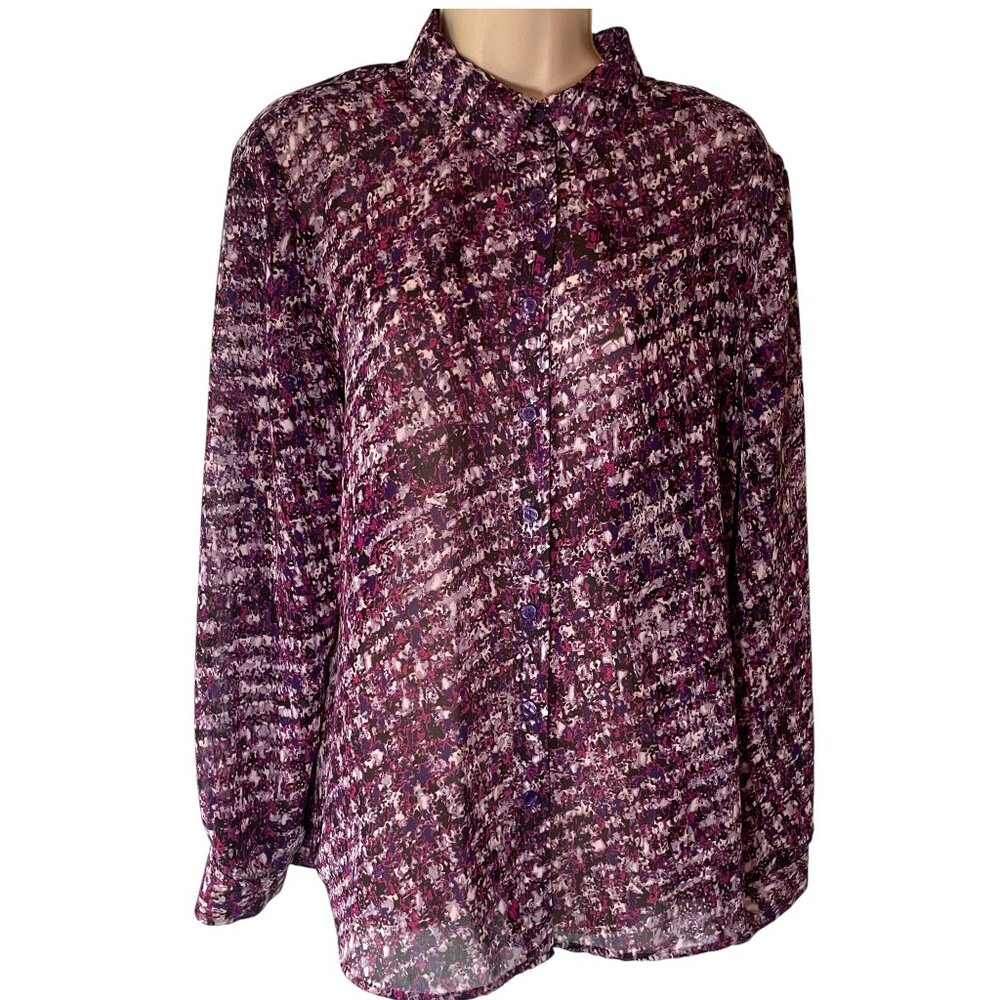 Coldwater Creek Women's Blouse L‎ Button Up Sheer Purple Geometric Mature Flowy